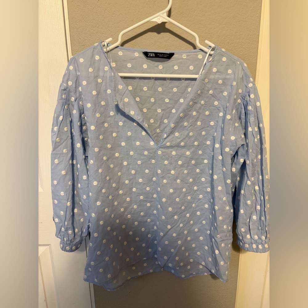 Zara Blue White Cotton Embroidered Polka Dot Blouse Size Small